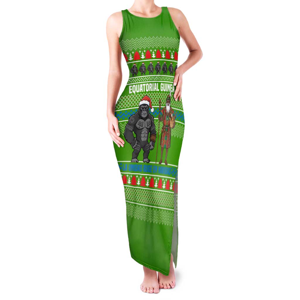 Equatorial Guinea Christmas Family Matching Tank Maxi Dress and Hawaiian Shirt with Santa Gorilla Gift Basket and Green Holiday Pattern Design - Wonder Print Shop
