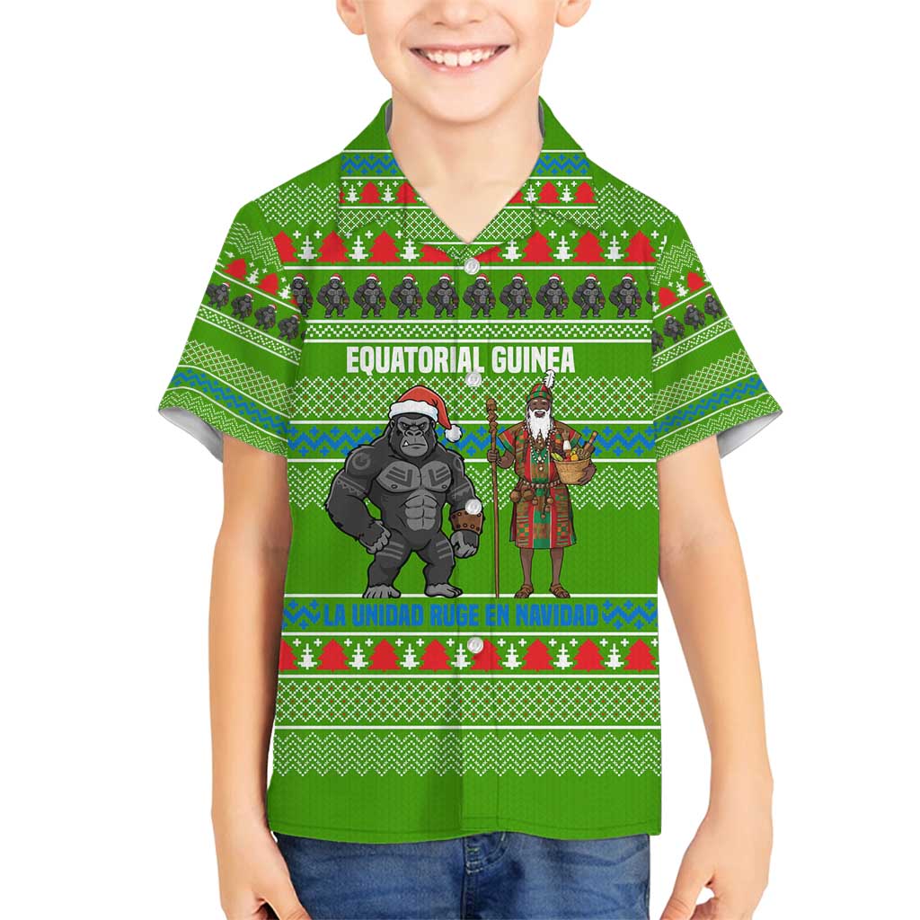 Equatorial Guinea Christmas Family Matching Tank Maxi Dress and Hawaiian Shirt with Santa Gorilla Gift Basket and Green Holiday Pattern Design - Wonder Print Shop