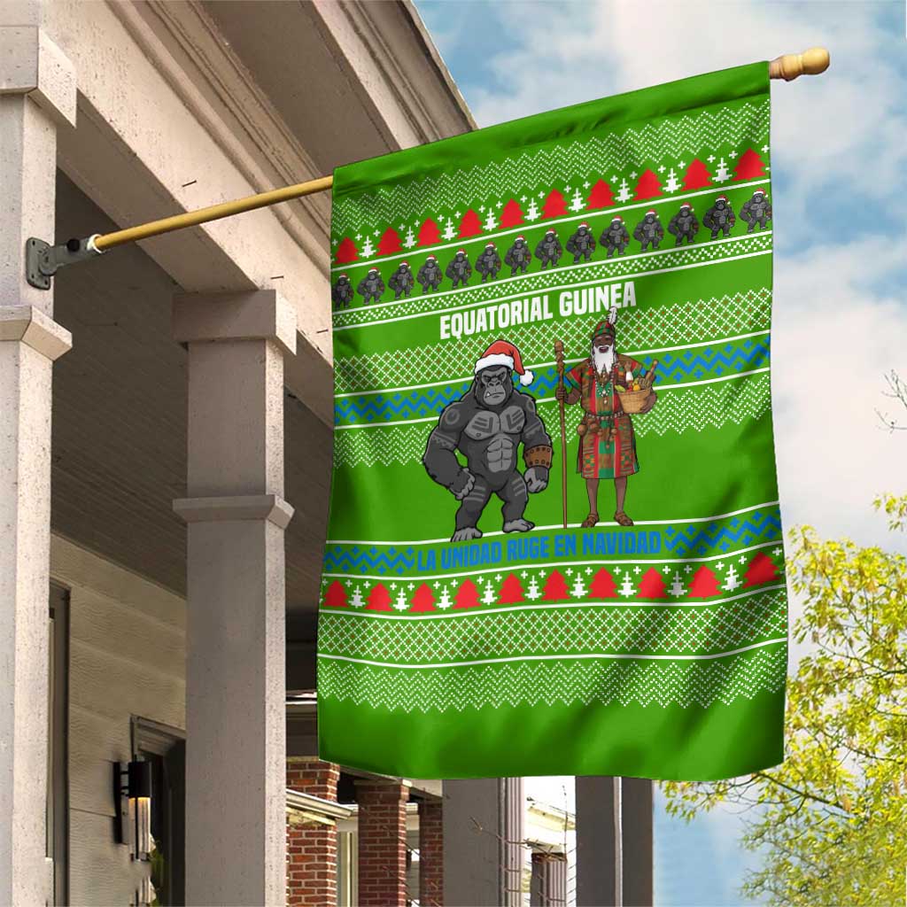 Equatorial Guinea Christmas Garden Flag with Santa Gorilla Gift Basket and Green Holiday Pattern Design - Wonder Print Shop