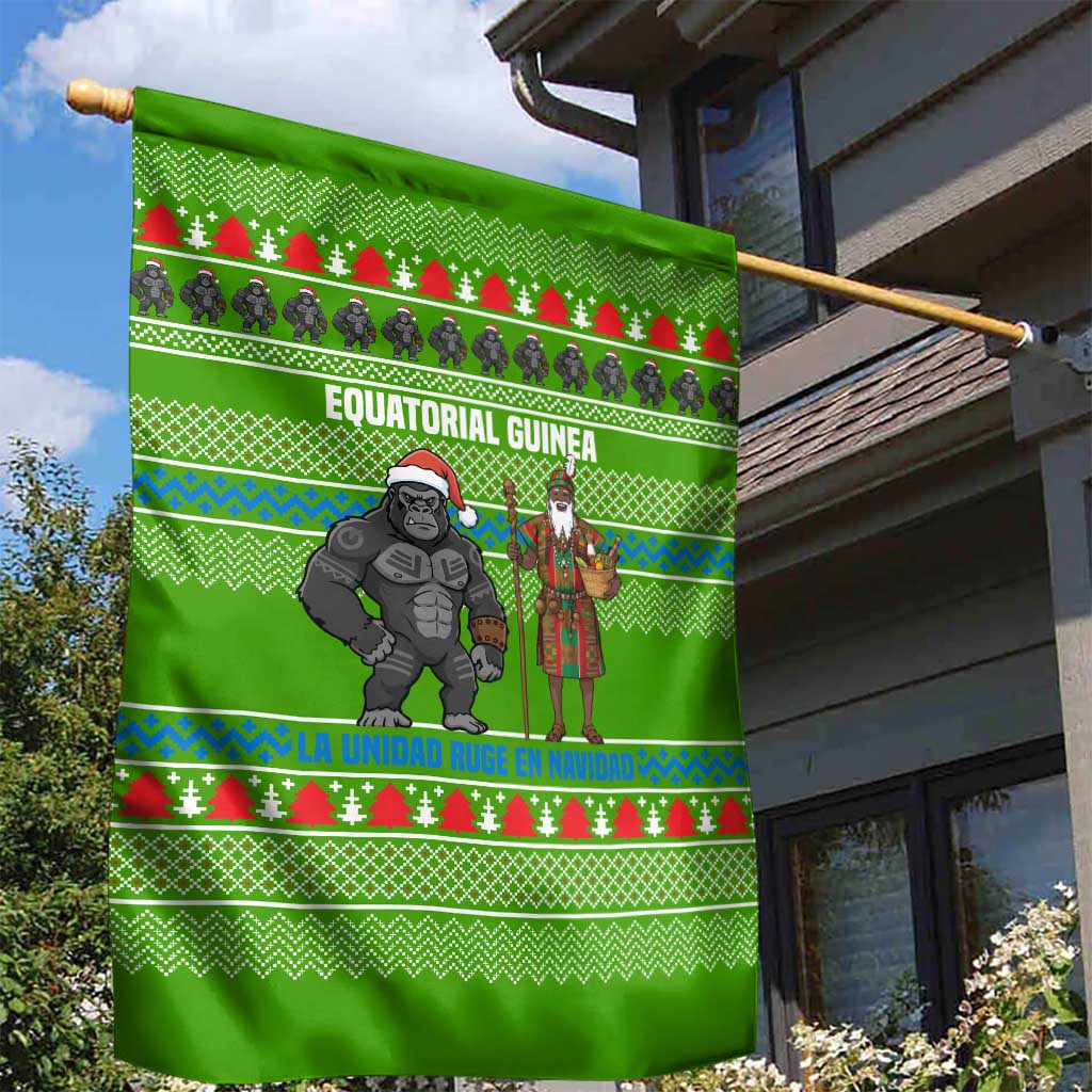 Equatorial Guinea Christmas Garden Flag with Santa Gorilla Gift Basket and Green Holiday Pattern Design - Wonder Print Shop