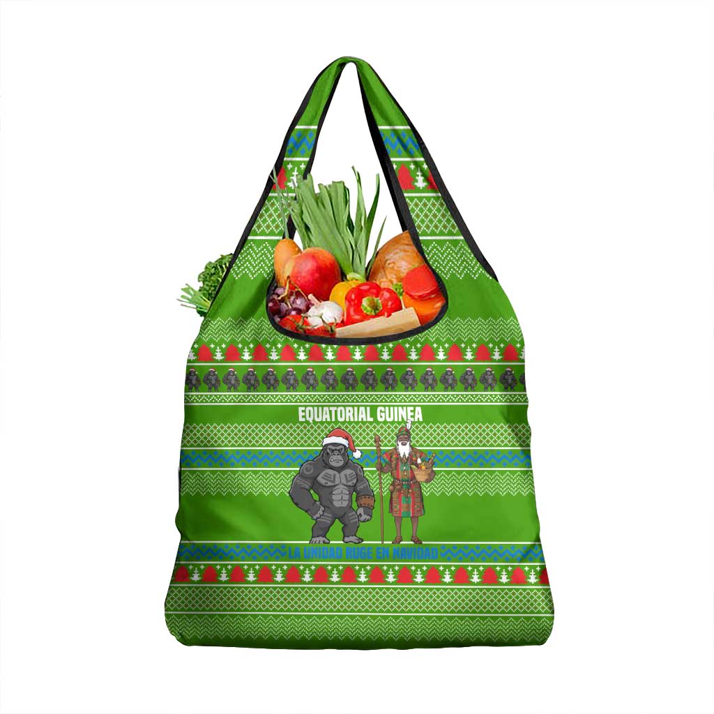 Equatorial Guinea Christmas Grocery Bag with Santa Gorilla Gift Basket and Green Holiday Pattern Design - Wonder Print Shop