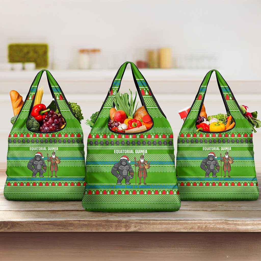 Equatorial Guinea Christmas Grocery Bag with Santa Gorilla Gift Basket and Green Holiday Pattern Design - Wonder Print Shop