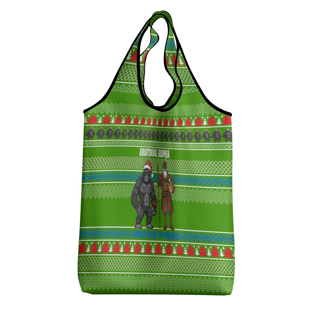 Equatorial Guinea Christmas Grocery Bag with Santa Gorilla Gift Basket and Green Holiday Pattern Design - Wonder Print Shop