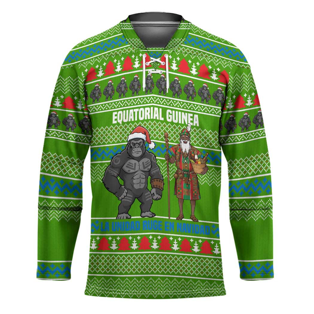 Equatorial Guinea Christmas Hockey Jersey with Santa Gorilla Gift Basket and Green Holiday Pattern Design - Wonder Print Shop