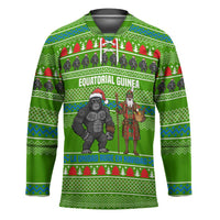 Equatorial Guinea Christmas Hockey Jersey with Santa Gorilla Gift Basket and Green Holiday Pattern Design - Wonder Print Shop