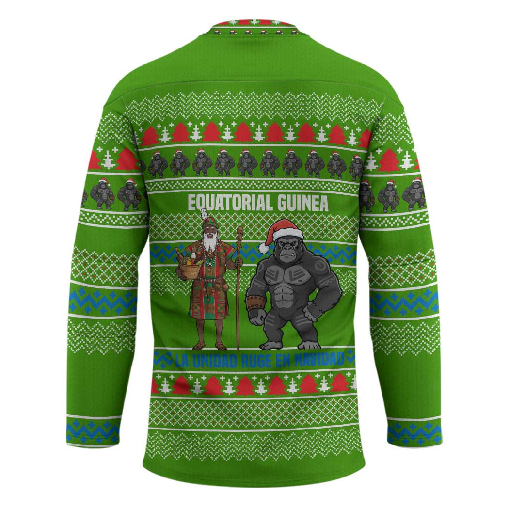 Equatorial Guinea Christmas Hockey Jersey with Santa Gorilla Gift Basket and Green Holiday Pattern Design - Wonder Print Shop