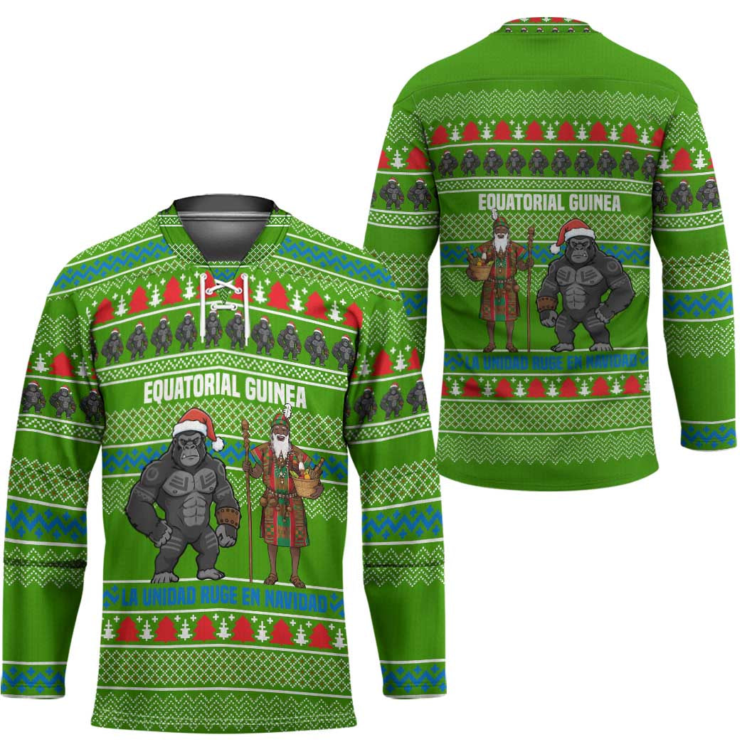 Equatorial Guinea Christmas Hockey Jersey with Santa Gorilla Gift Basket and Green Holiday Pattern Design - Wonder Print Shop