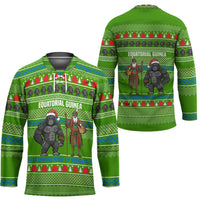 Equatorial Guinea Christmas Hockey Jersey with Santa Gorilla Gift Basket and Green Holiday Pattern Design - Wonder Print Shop