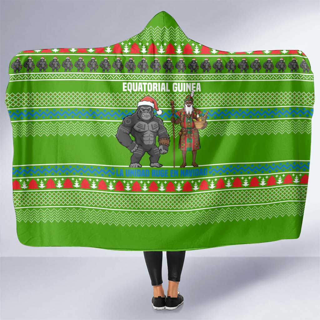 Equatorial Guinea Christmas Hooded Blanket with Santa Gorilla Gift Basket and Green Holiday Pattern Design - Wonder Print Shop