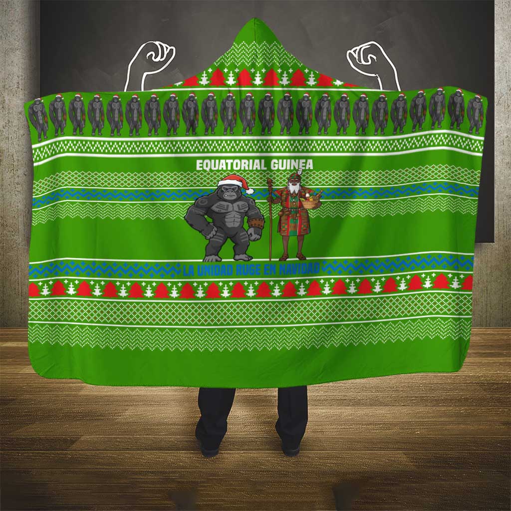 Equatorial Guinea Christmas Hooded Blanket with Santa Gorilla Gift Basket and Green Holiday Pattern Design - Wonder Print Shop