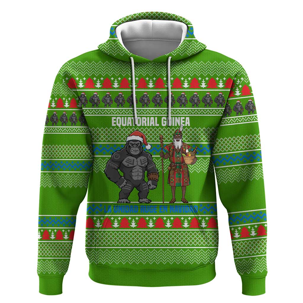 Equatorial Guinea Christmas Hoodie with Santa Gorilla Gift Basket and Green Holiday Pattern Design - Wonder Print Shop