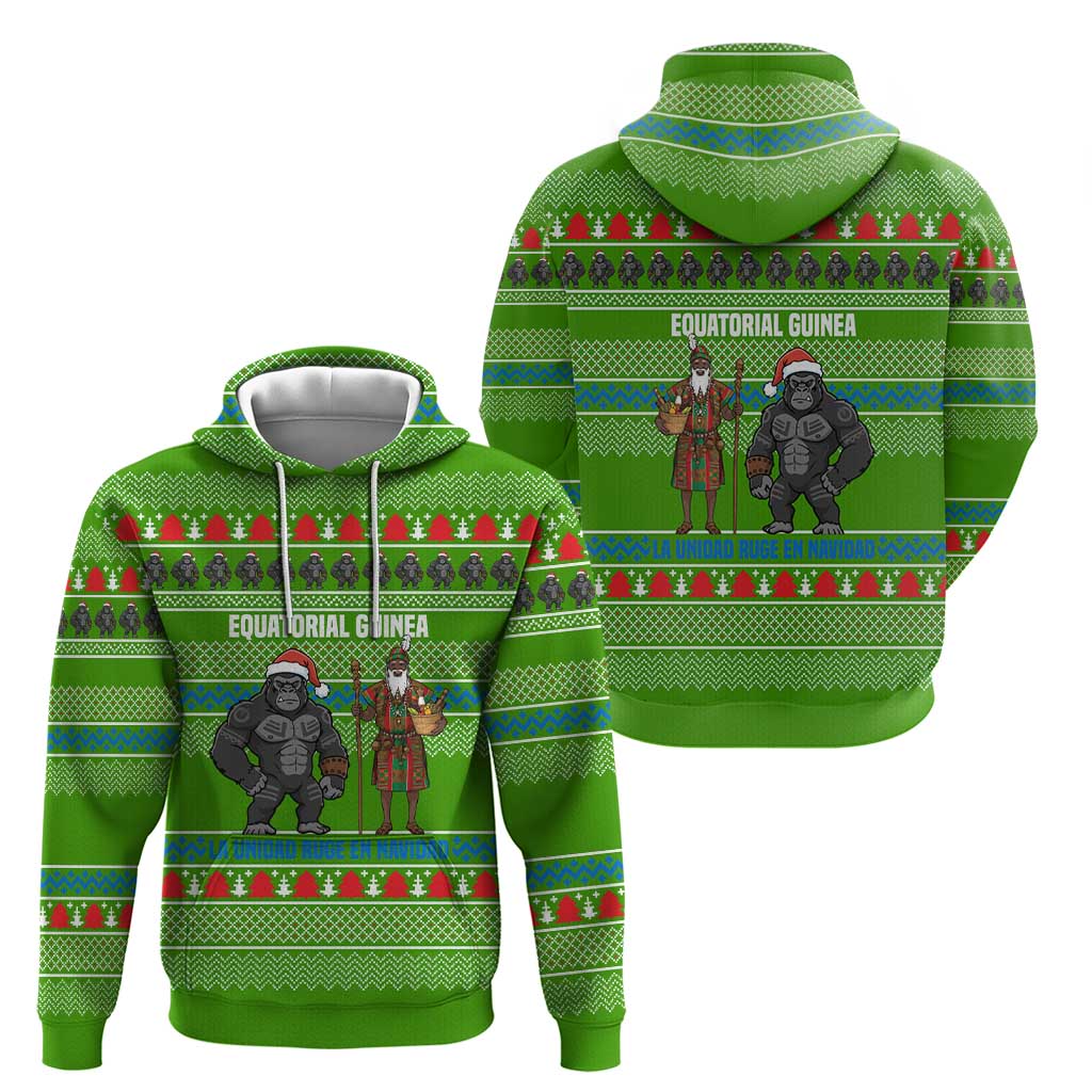 Equatorial Guinea Christmas Hoodie with Santa Gorilla Gift Basket and Green Holiday Pattern Design - Wonder Print Shop