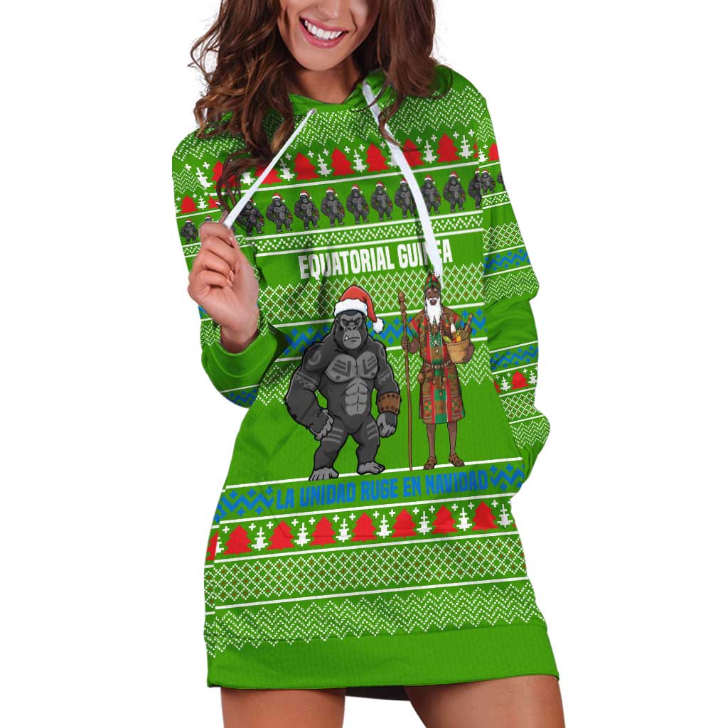 Equatorial Guinea Christmas Hoodie Dress with Santa Gorilla Gift Basket and Green Holiday Pattern Design - Wonder Print Shop