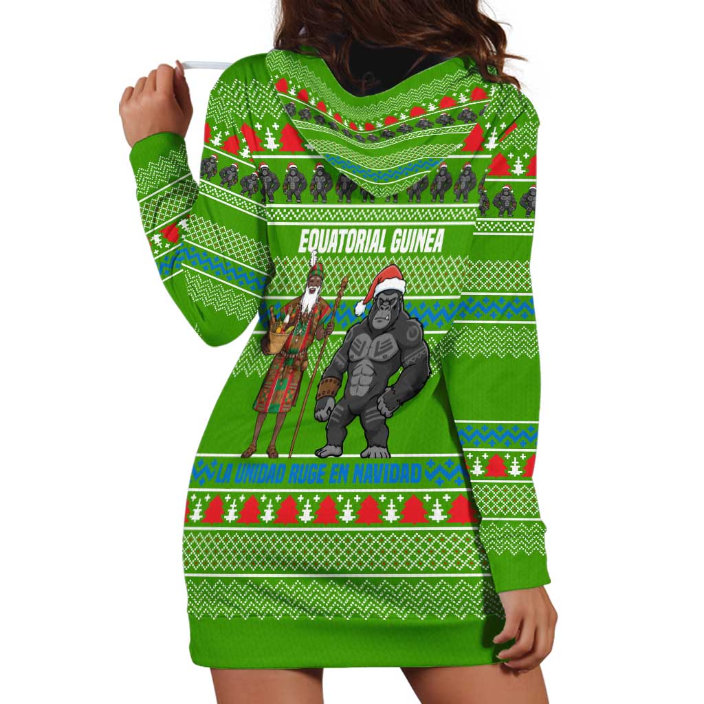 Equatorial Guinea Christmas Hoodie Dress with Santa Gorilla Gift Basket and Green Holiday Pattern Design - Wonder Print Shop