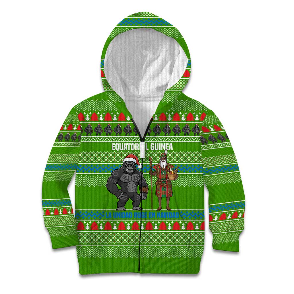 Equatorial Guinea Christmas Kid Hoodie with Santa Gorilla Gift Basket and Green Holiday Pattern Design - Wonder Print Shop
