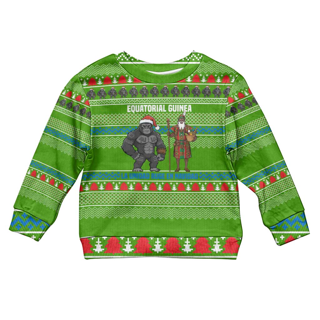 Equatorial Guinea Christmas Kid Ugly Christmas Sweater with Santa Gorilla Gift Basket and Green Holiday Pattern Design - Wonder Print Shop