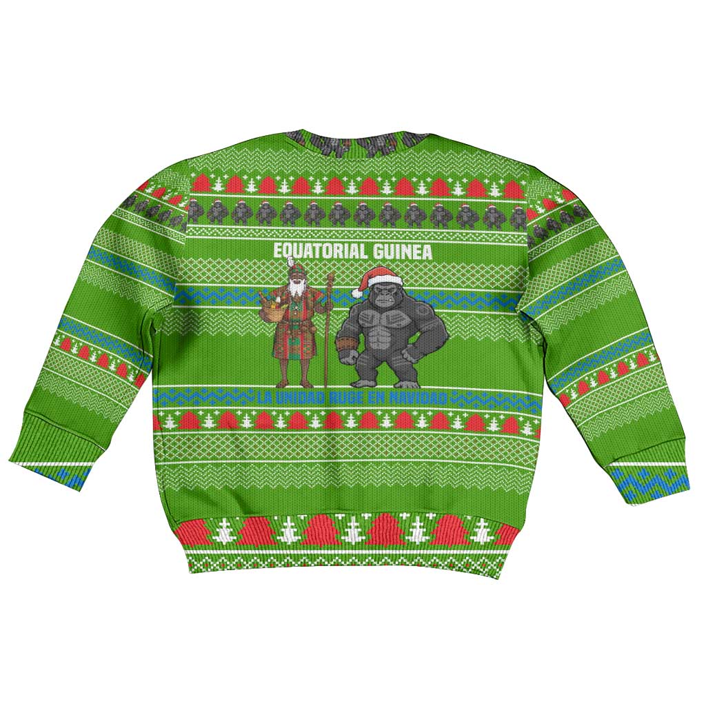Equatorial Guinea Christmas Kid Ugly Christmas Sweater with Santa Gorilla Gift Basket and Green Holiday Pattern Design - Wonder Print Shop