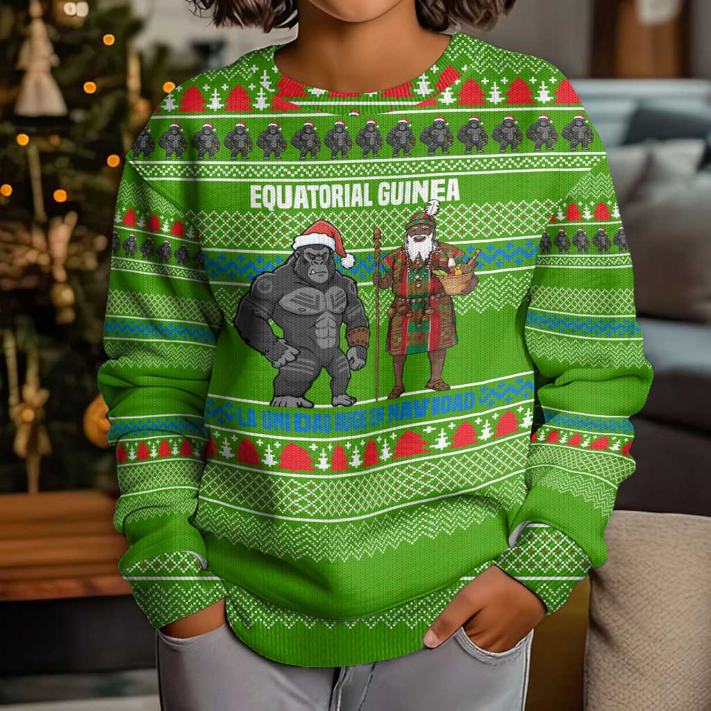 Equatorial Guinea Christmas Kid Ugly Christmas Sweater with Santa Gorilla Gift Basket and Green Holiday Pattern Design - Wonder Print Shop