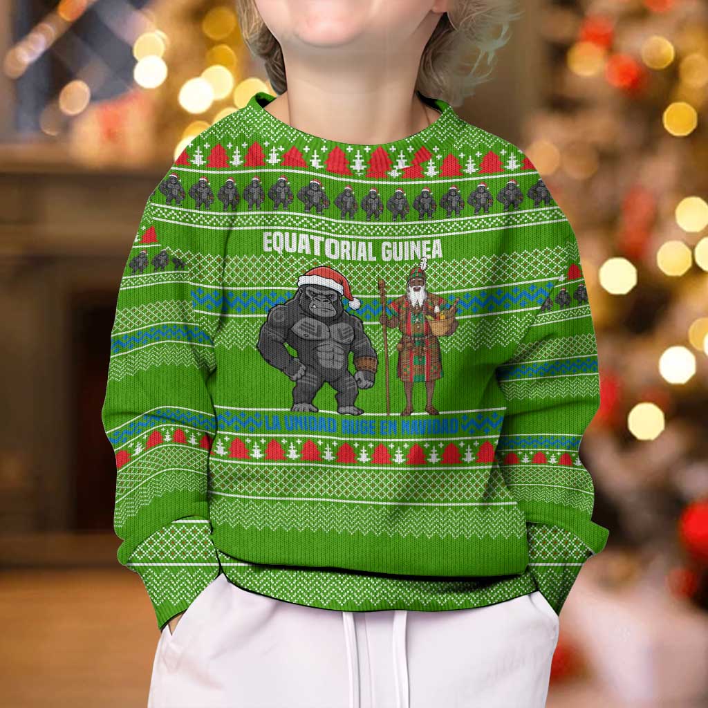 Equatorial Guinea Christmas Kid Ugly Christmas Sweater with Santa Gorilla Gift Basket and Green Holiday Pattern Design - Wonder Print Shop