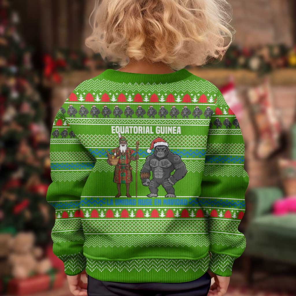 Equatorial Guinea Christmas Kid Ugly Christmas Sweater with Santa Gorilla Gift Basket and Green Holiday Pattern Design - Wonder Print Shop