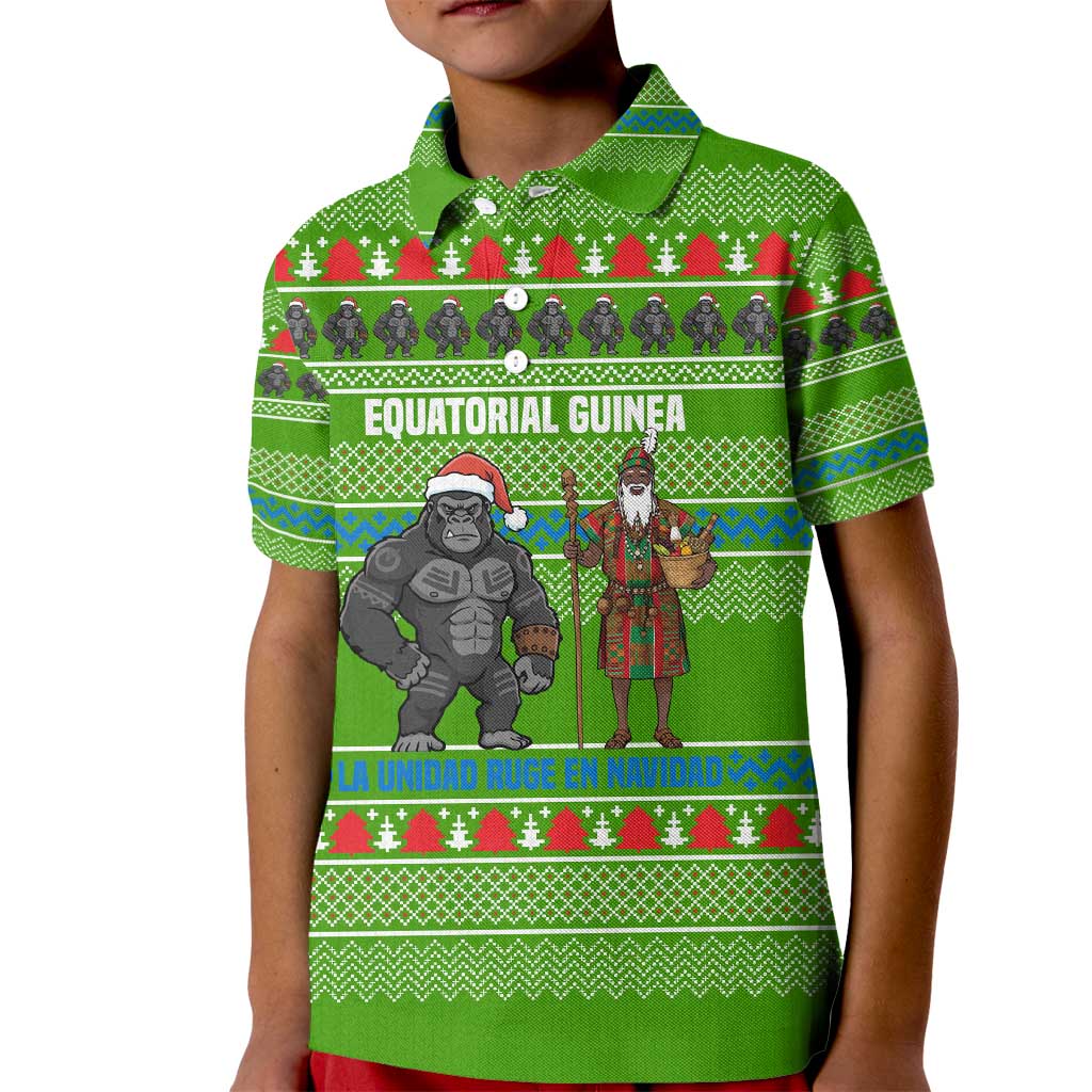 Equatorial Guinea Christmas Kid Polo Shirt with Santa Gorilla Gift Basket and Green Holiday Pattern Design - Wonder Print Shop