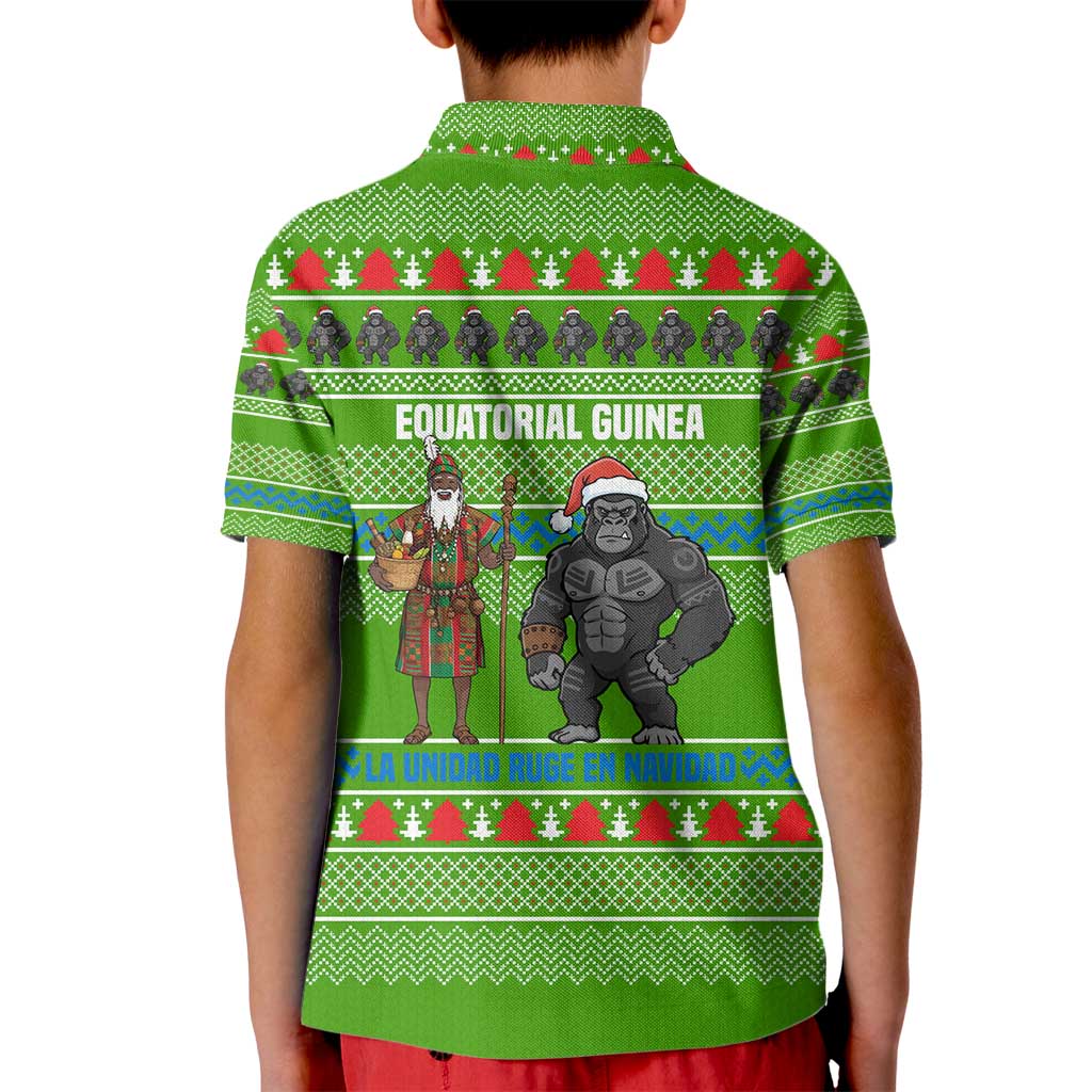 Equatorial Guinea Christmas Kid Polo Shirt with Santa Gorilla Gift Basket and Green Holiday Pattern Design - Wonder Print Shop