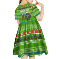 Equatorial Guinea Christmas Kid Short Sleeve Dress with Santa Gorilla Gift Basket and Green Holiday Pattern Design - Wonder Print Shop