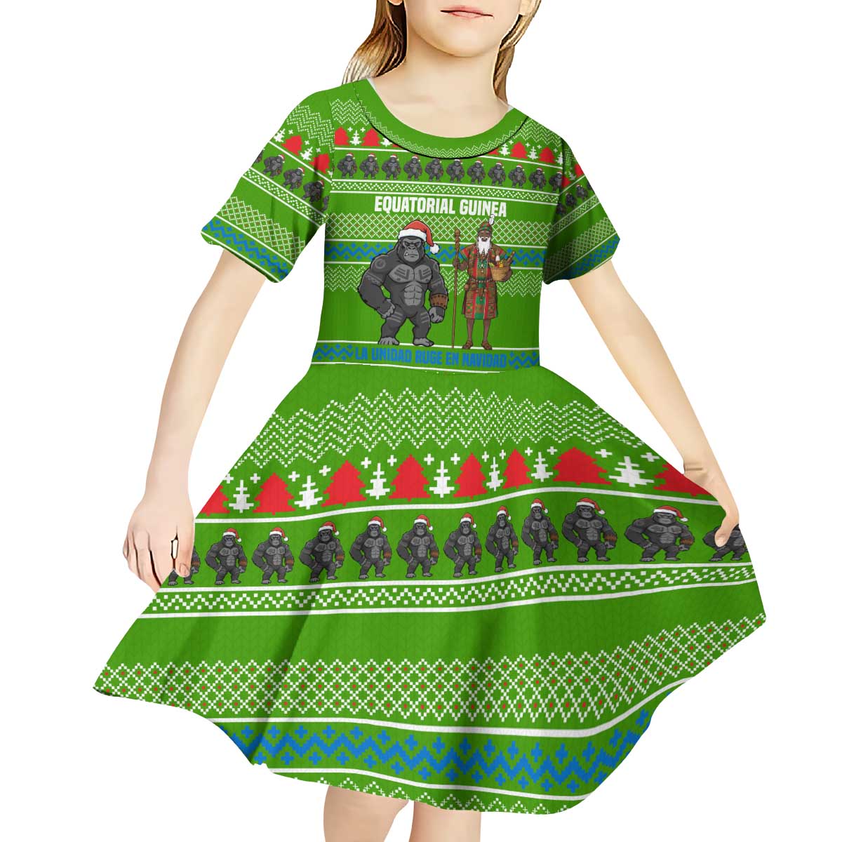 Equatorial Guinea Christmas Kid Short Sleeve Dress with Santa Gorilla Gift Basket and Green Holiday Pattern Design - Wonder Print Shop