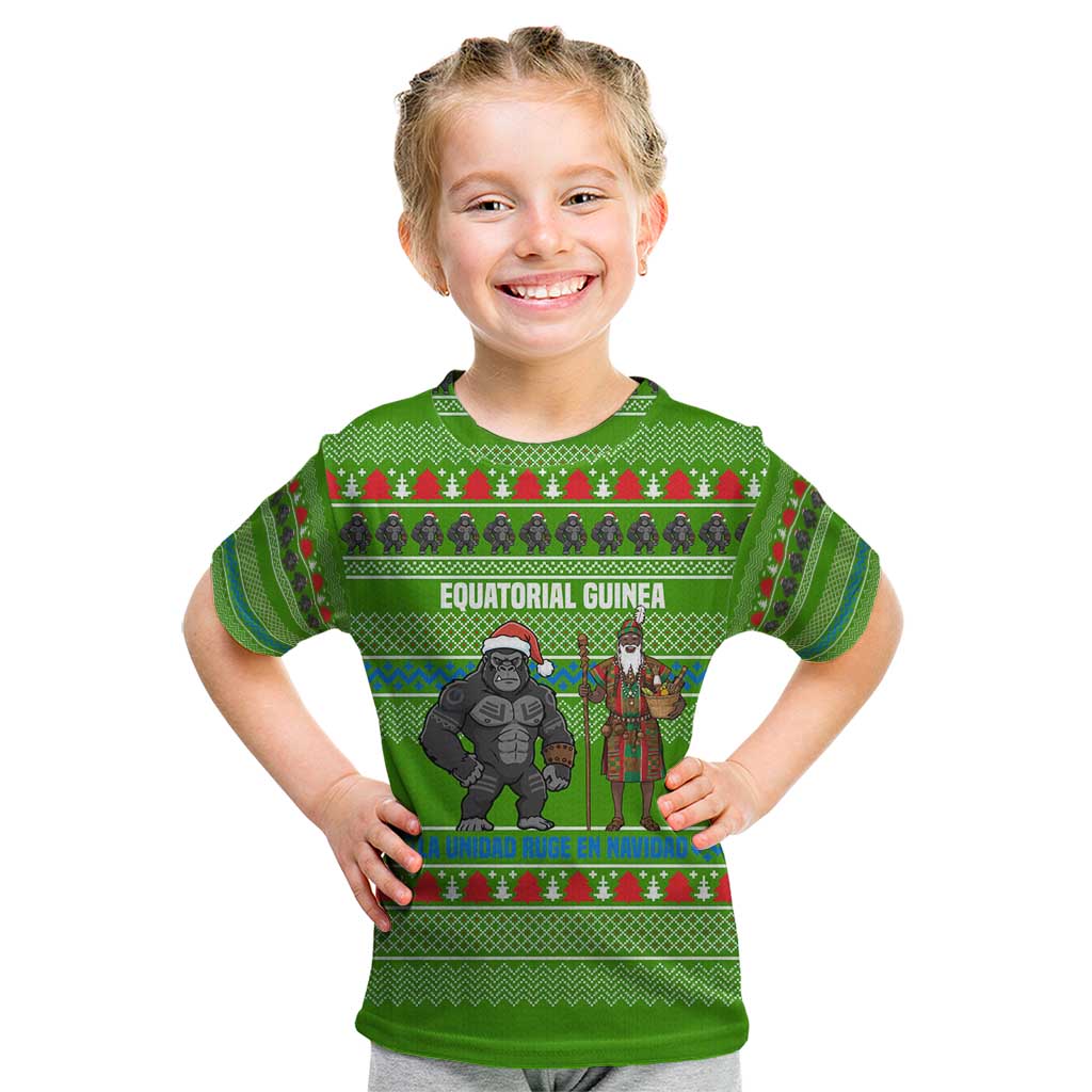 Equatorial Guinea Christmas Kid T Shirt with Santa Gorilla Gift Basket and Green Holiday Pattern Design - Wonder Print Shop