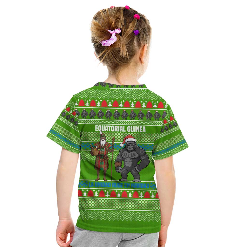 Equatorial Guinea Christmas Kid T Shirt with Santa Gorilla Gift Basket and Green Holiday Pattern Design - Wonder Print Shop