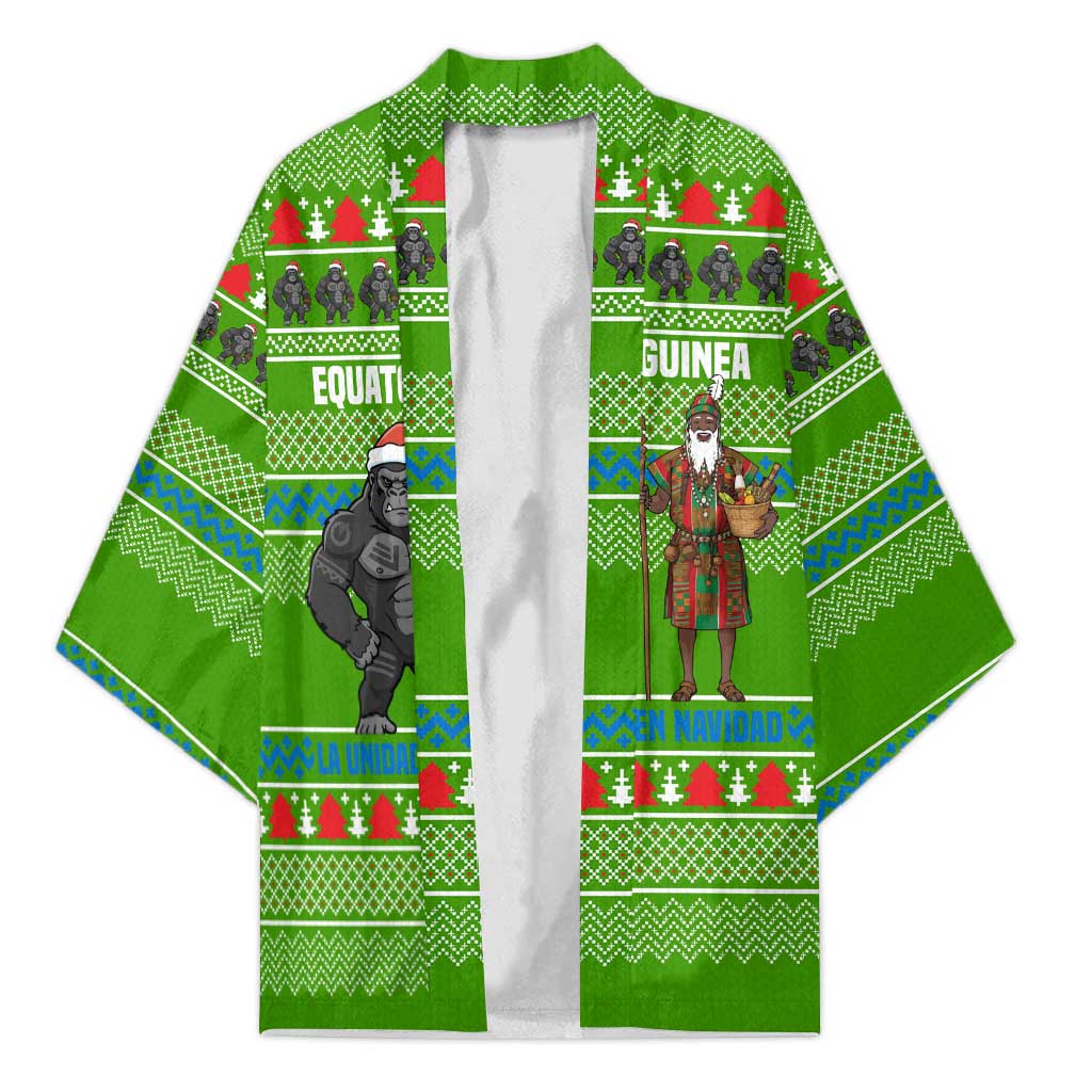 Equatorial Guinea Christmas Kimono with Santa Gorilla Gift Basket and Green Holiday Pattern Design - Wonder Print Shop