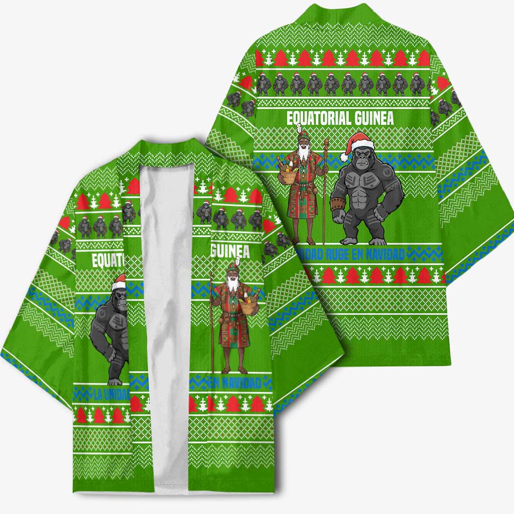 Equatorial Guinea Christmas Kimono with Santa Gorilla Gift Basket and Green Holiday Pattern Design - Wonder Print Shop
