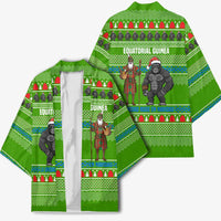Equatorial Guinea Christmas Kimono with Santa Gorilla Gift Basket and Green Holiday Pattern Design - Wonder Print Shop