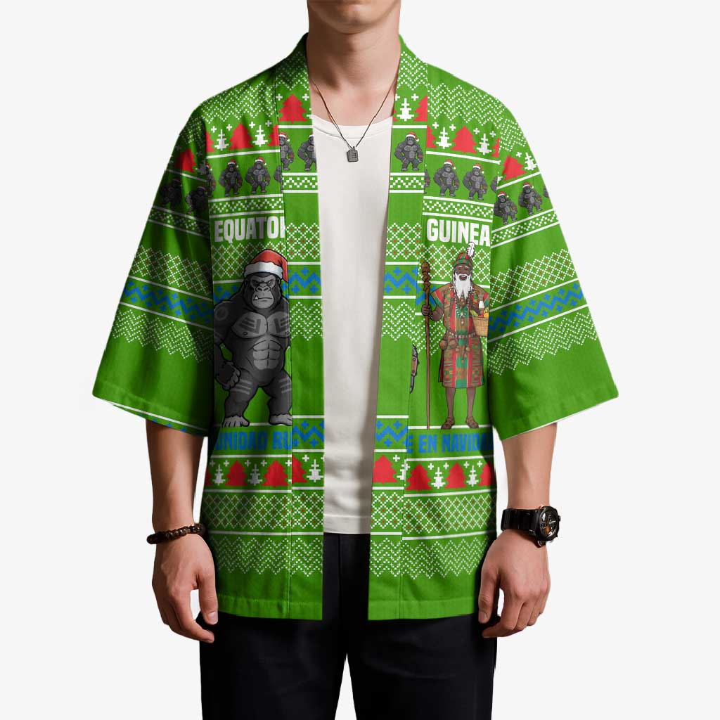 Equatorial Guinea Christmas Kimono with Santa Gorilla Gift Basket and Green Holiday Pattern Design - Wonder Print Shop