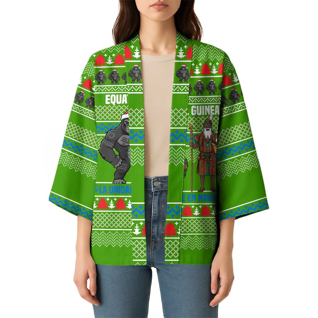 Equatorial Guinea Christmas Kimono with Santa Gorilla Gift Basket and Green Holiday Pattern Design - Wonder Print Shop