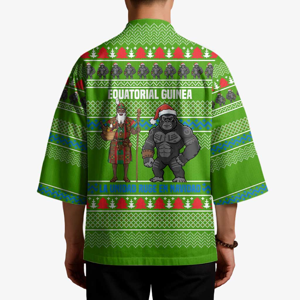 Equatorial Guinea Christmas Kimono with Santa Gorilla Gift Basket and Green Holiday Pattern Design - Wonder Print Shop