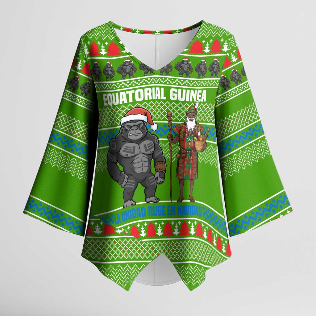 Equatorial Guinea Christmas Kimono Sleeve Blouse with Santa Gorilla Gift Basket and Green Holiday Pattern Design - Wonder Print Shop