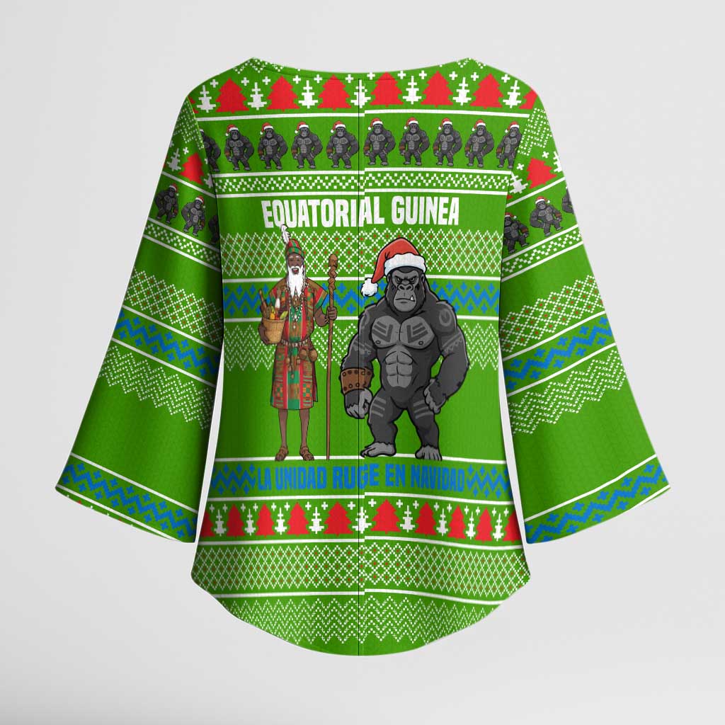 Equatorial Guinea Christmas Kimono Sleeve Blouse with Santa Gorilla Gift Basket and Green Holiday Pattern Design - Wonder Print Shop