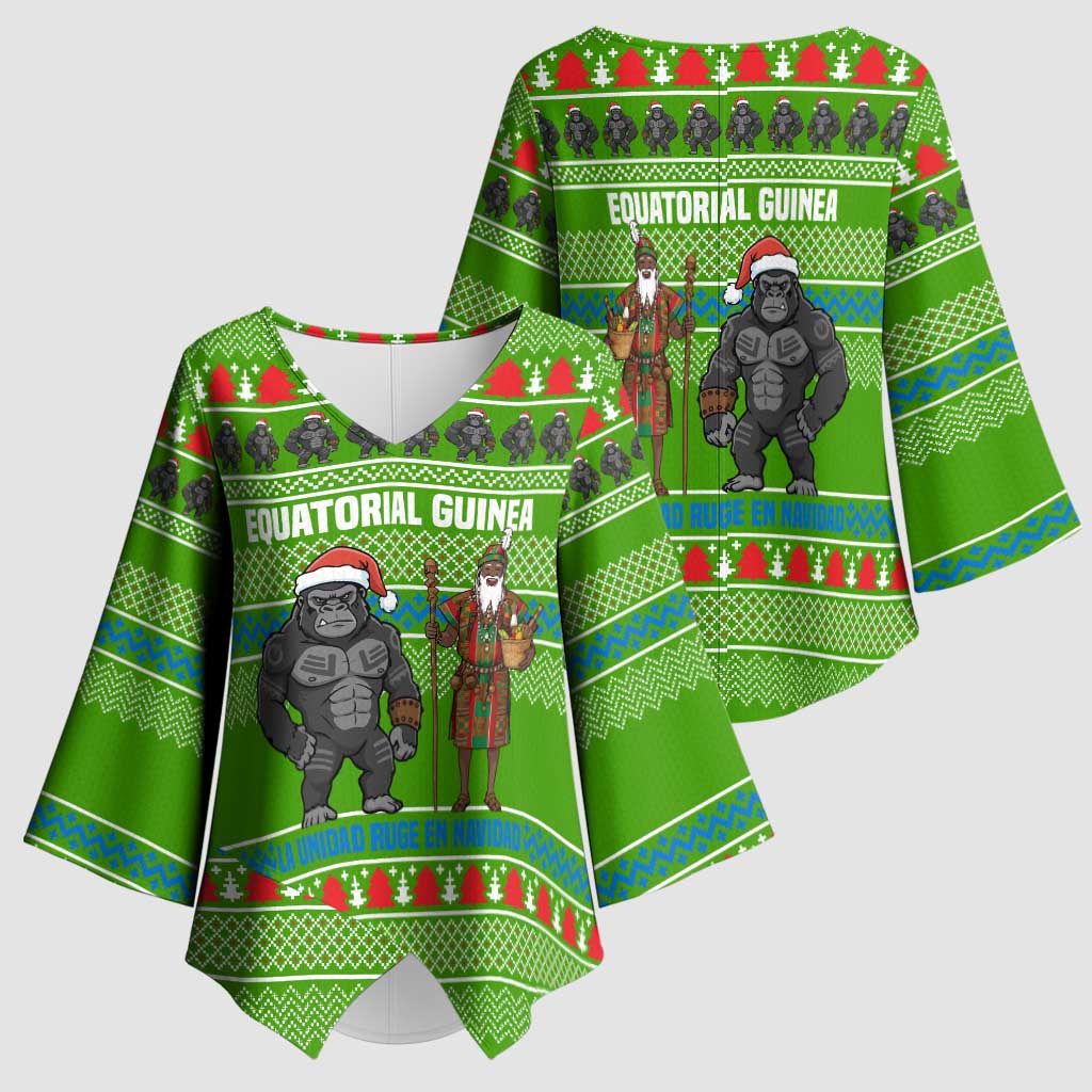 Equatorial Guinea Christmas Kimono Sleeve Blouse with Santa Gorilla Gift Basket and Green Holiday Pattern Design - Wonder Print Shop