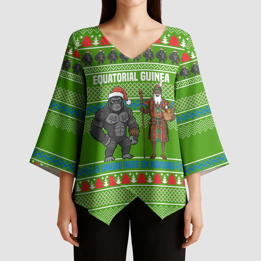 Equatorial Guinea Christmas Kimono Sleeve Blouse with Santa Gorilla Gift Basket and Green Holiday Pattern Design - Wonder Print Shop