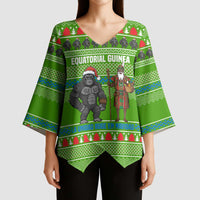 Equatorial Guinea Christmas Kimono Sleeve Blouse with Santa Gorilla Gift Basket and Green Holiday Pattern Design - Wonder Print Shop