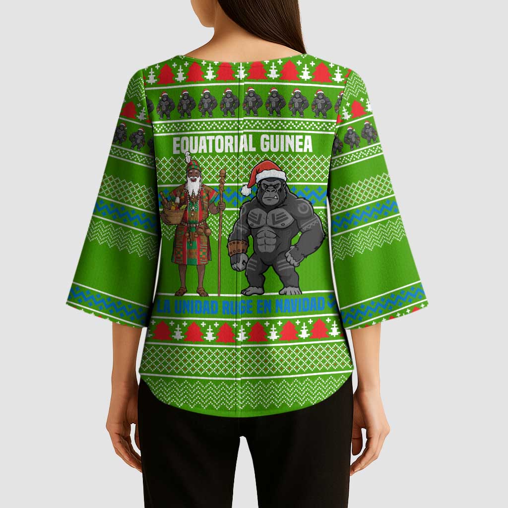 Equatorial Guinea Christmas Kimono Sleeve Blouse with Santa Gorilla Gift Basket and Green Holiday Pattern Design - Wonder Print Shop