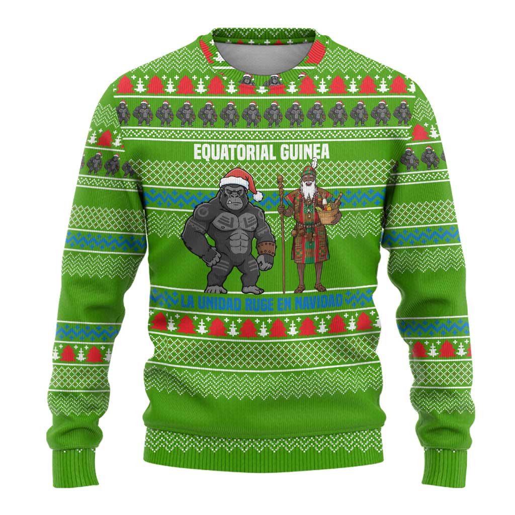 Equatorial Guinea Christmas Ugly Christmas Sweater with Santa Gorilla Gift Basket and Green Holiday Pattern Design - Wonder Print Shop