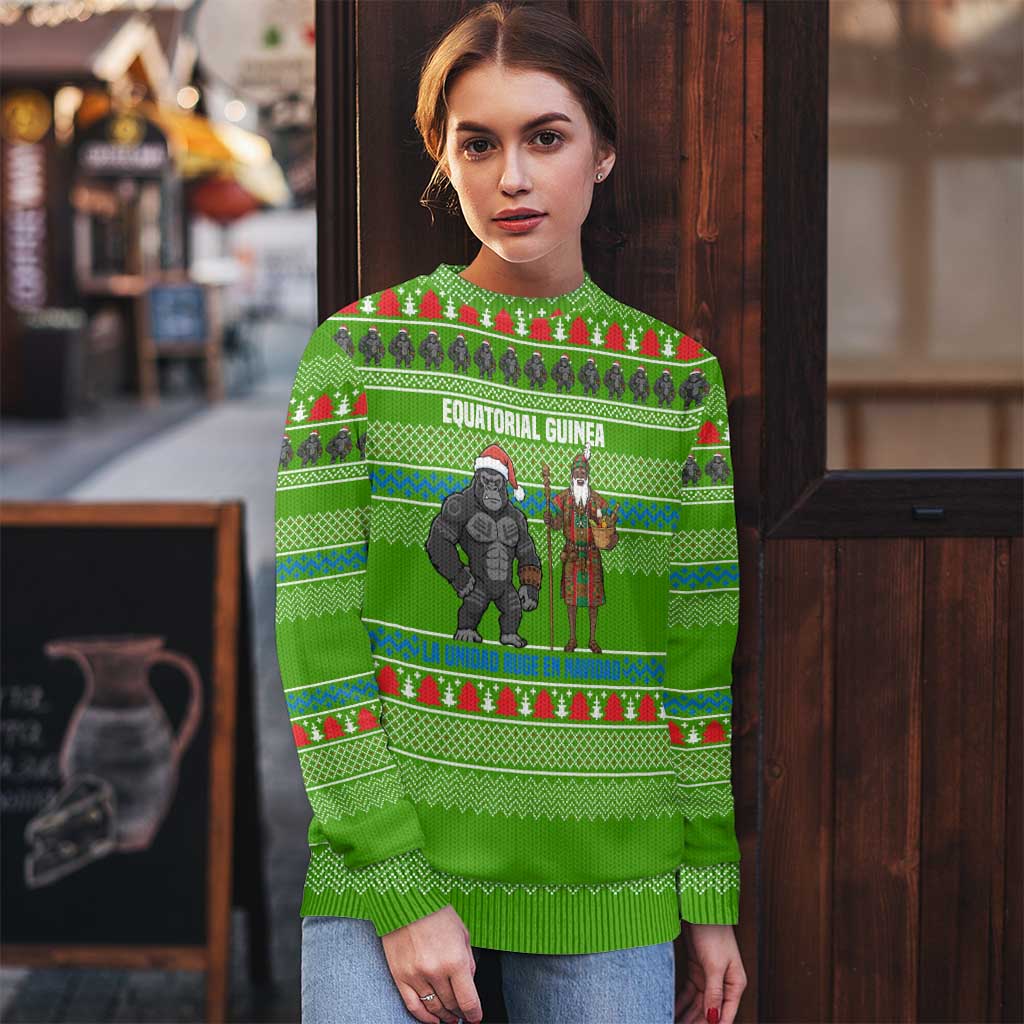Equatorial Guinea Christmas Ugly Christmas Sweater with Santa Gorilla Gift Basket and Green Holiday Pattern Design - Wonder Print Shop