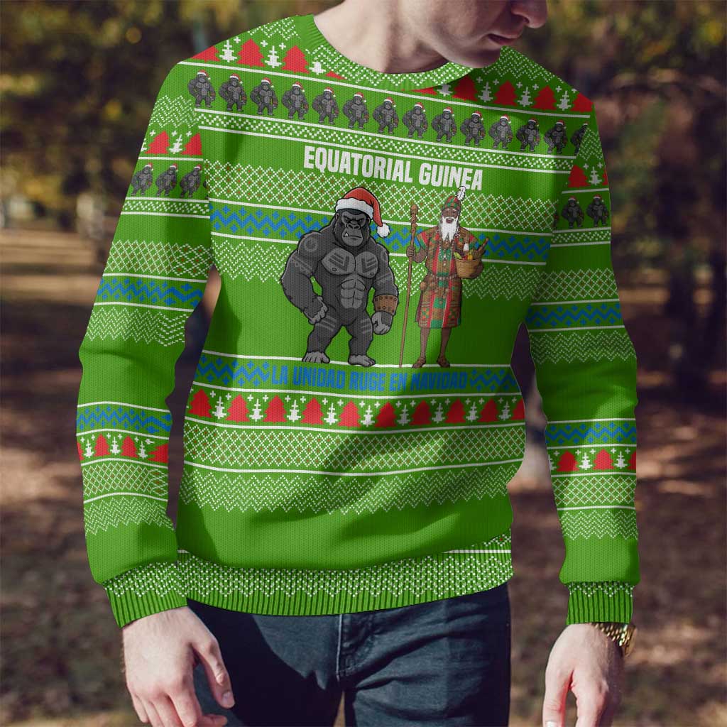 Equatorial Guinea Christmas Ugly Christmas Sweater with Santa Gorilla Gift Basket and Green Holiday Pattern Design - Wonder Print Shop