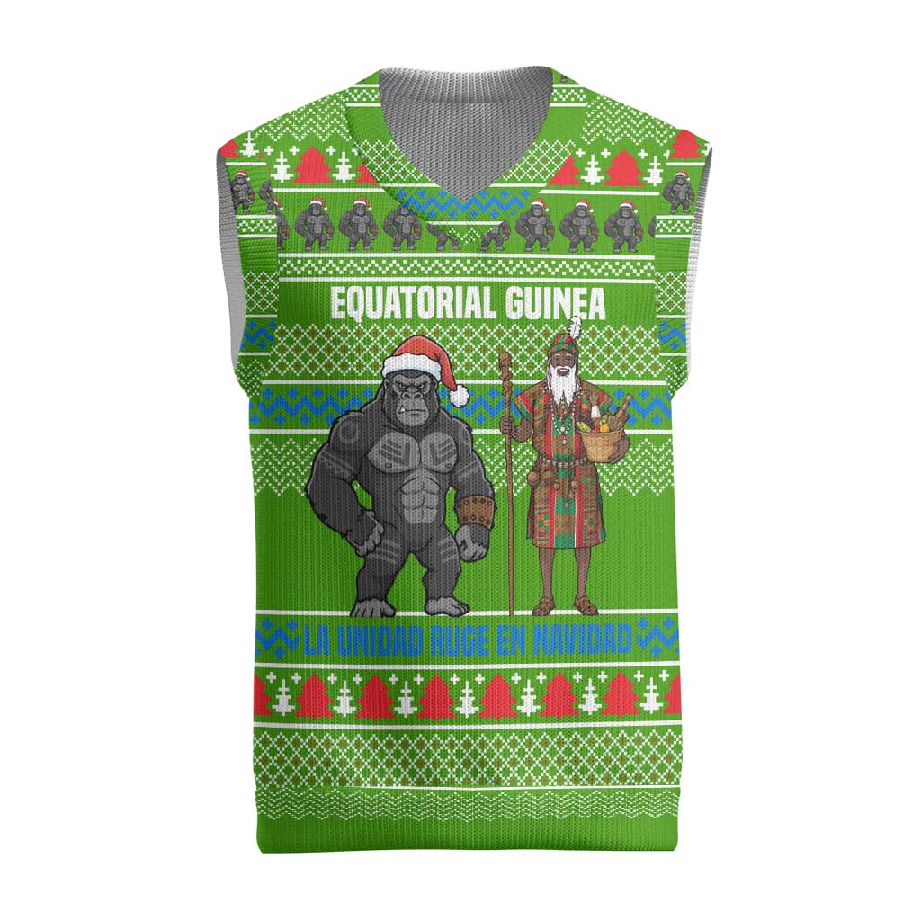 Equatorial Guinea Christmas Knitted V-Neck Vest with Santa Gorilla Gift Basket and Green Holiday Pattern Design - Wonder Print Shop