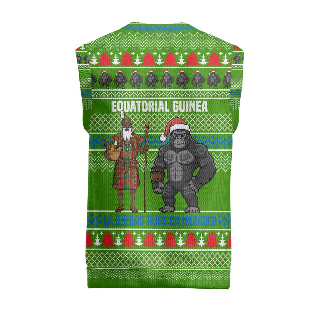 Equatorial Guinea Christmas Knitted V-Neck Vest with Santa Gorilla Gift Basket and Green Holiday Pattern Design - Wonder Print Shop