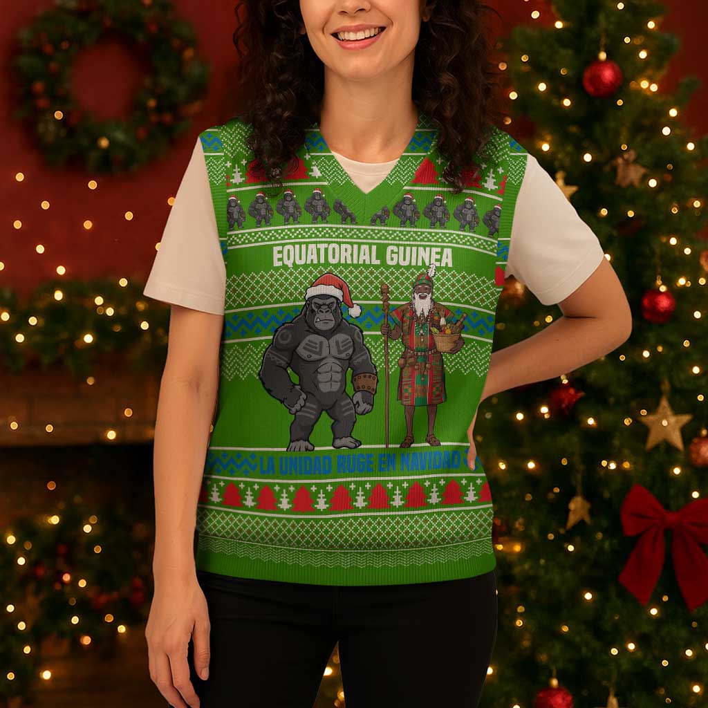 Equatorial Guinea Christmas Knitted V-Neck Vest with Santa Gorilla Gift Basket and Green Holiday Pattern Design - Wonder Print Shop