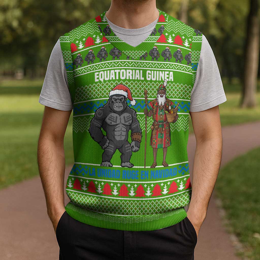 Equatorial Guinea Christmas Knitted V-Neck Vest with Santa Gorilla Gift Basket and Green Holiday Pattern Design - Wonder Print Shop