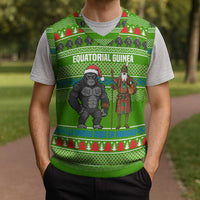 Equatorial Guinea Christmas Knitted V-Neck Vest with Santa Gorilla Gift Basket and Green Holiday Pattern Design - Wonder Print Shop
